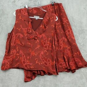Kate Hill Skirt Set Womens 18W Silk Paisley Ruffle Boho Feminine Lined Zip Red